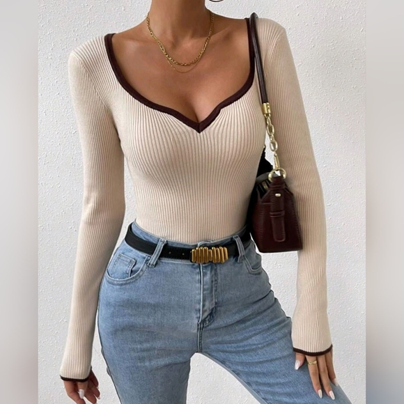 Boutique Tops - New Chic Sweetheart Contrast Trim Ribbed Knit Top Fitted Brown Tan Beige